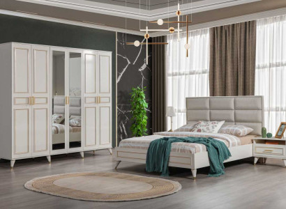 Weiße Schlafzimmer Möbel Holz Glasschrank Textil Doppelbett Nachttische